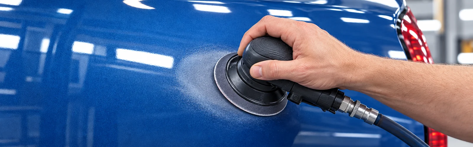Illustratie: blauwe autolak voorzichtig schuren met een compacte schuurmachine
