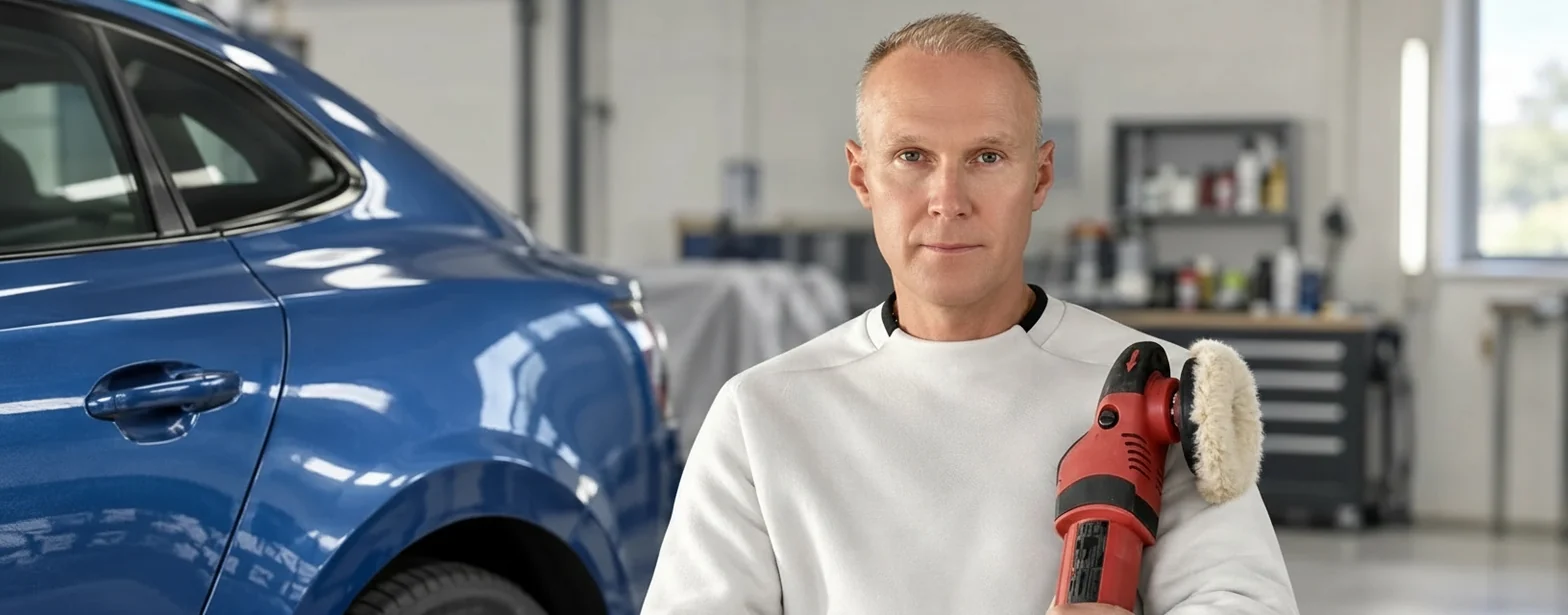 Evan van Autokrassen.nl met polijstmachine bij een blauwe auto