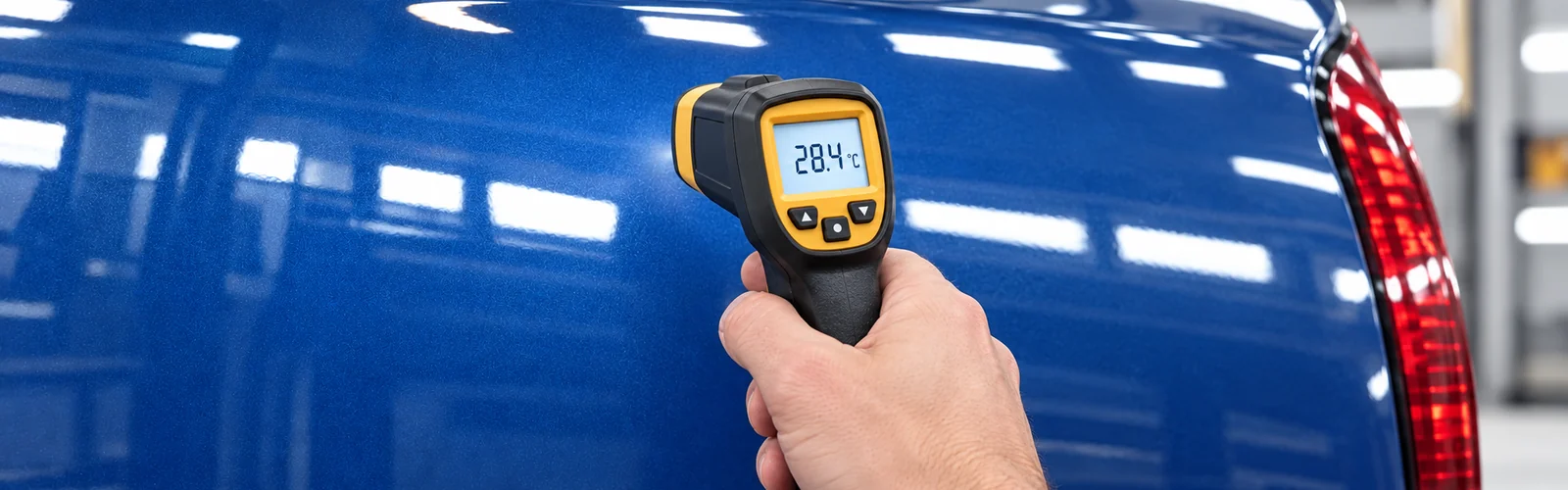 Illustratie: de temperatuur van blauwe autolak controleren met een infraroodthermometer